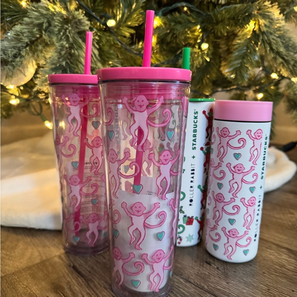 RARE & VIRAL Starbucks Roller Rabbit Pink Monkey 24oz Cold Cup Tumbler